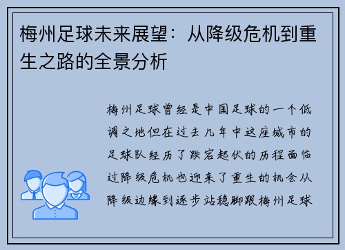 梅州足球未来展望:从降级危机到重生之路的全景分析 梅州足球未来展望:从降级危机到重生之路的全景分析