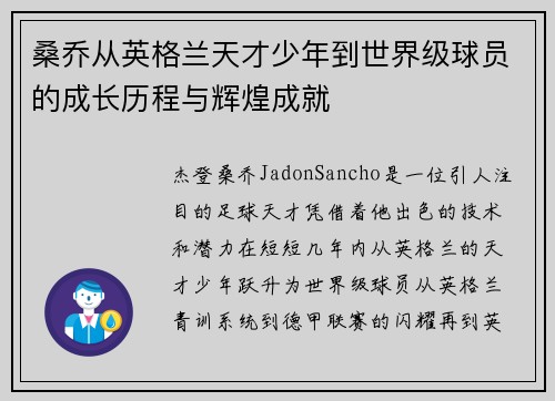 桑乔从英格兰天才少年到世界级球员的成长历程与辉煌成就 桑乔从英格兰天才少年到世界级球员的成长历程与辉煌成就