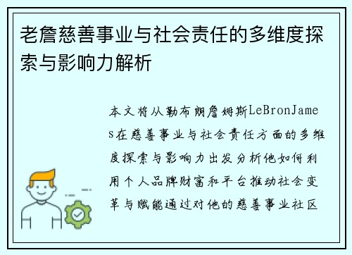 老詹慈善事业与社会责任的多维度探索与影响力解析 老詹慈善事业与社会责任的多维度探索与影响力解析