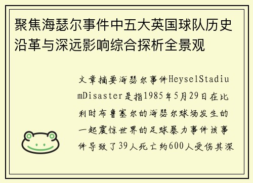 聚焦海瑟尔事件中五大英国球队历史沿革与深远影响综合探析全景观 聚焦海瑟尔事件中五大英国球队历史沿革与深远影响综合探析全景观