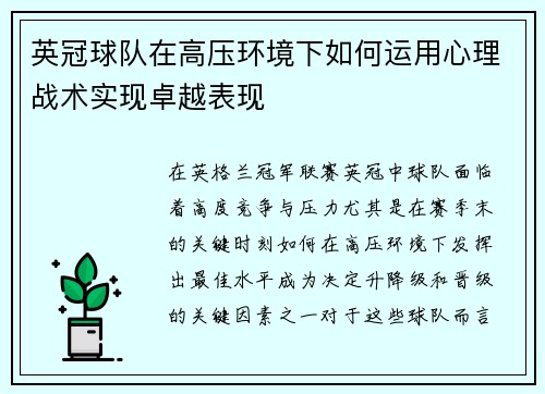 英冠球队在高压环境下如何运用心理战术实现卓越表现 英冠球队在高压环境下如何运用心理战术实现卓越表现