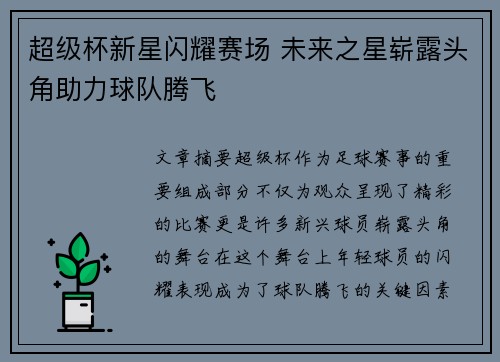 超级杯新星闪耀赛场 未来之星崭露头角助力球队腾飞 超级杯新星闪耀赛场 未来之星崭露头角助力球队腾飞