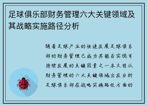 足球俱乐部财务管理六大关键领域及其战略实施路径分析 足球俱乐部财务管理六大关键领域及其战略实施路径分析